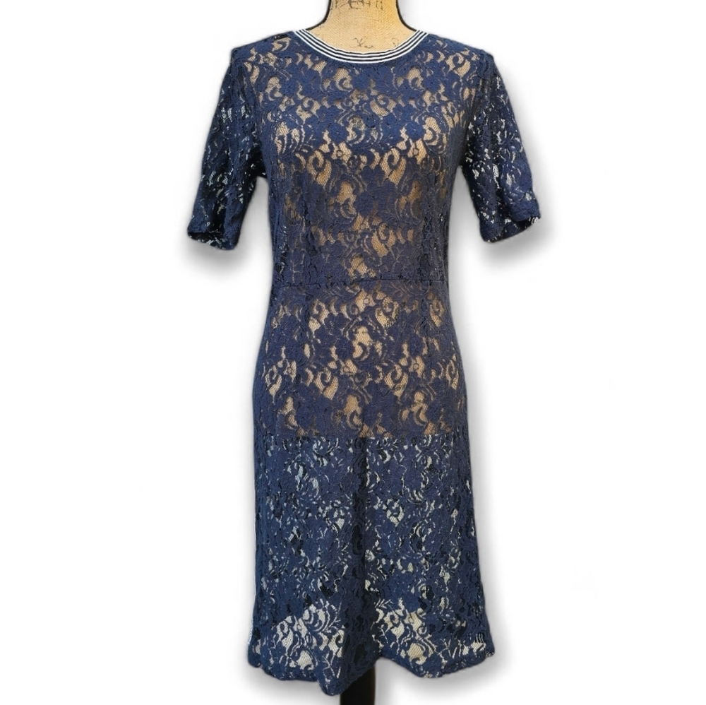 Hope & Harlow Chic Navy Sheath Lace Midi Dress,Size 8 - Picture 1 of 6